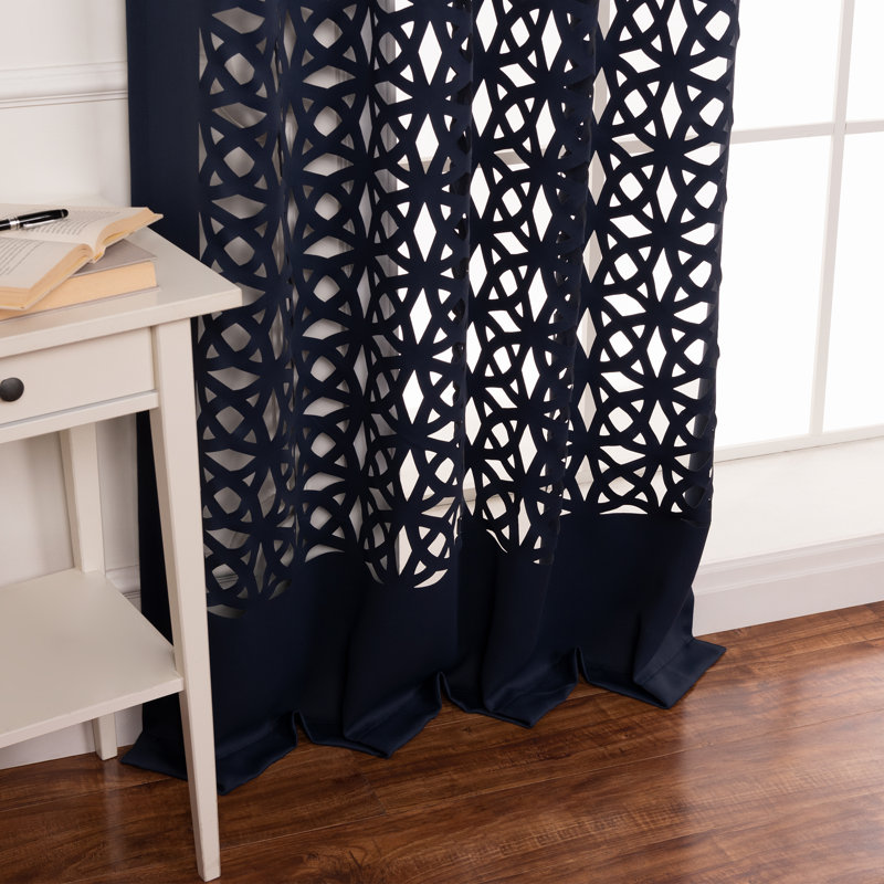 Aikeem Polyester Trellis Cutout Curtain Panel Pair, Navy
