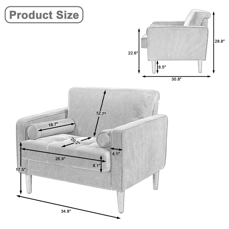 Green Corduroy Upholstered Accent Chair with Wood Legs