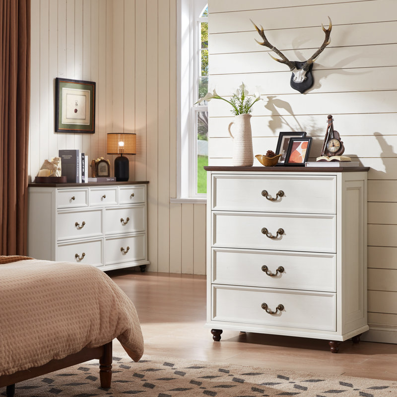 Farmhouse 4 Drawer Dresser For Bedroom, 37" Tall Rustic Chests Of Drawers W/ 4 Solid Wood Feet, Mid Century Modern Wooden Closet Storage Dressers Organizer For Living Room, Hallway