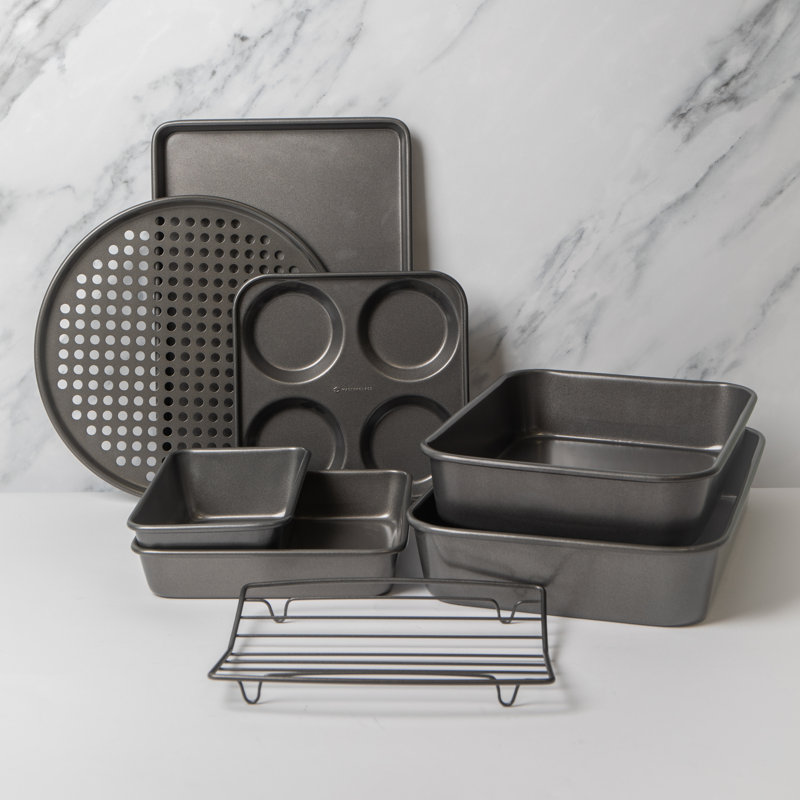 8 piece Bakeware Set, Roasting Pans and Rack, Trays, Loaf Tin, Yorkshire Pudding Pan, Pizza Crisper