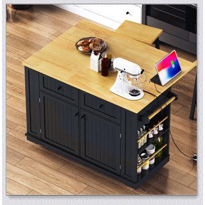 48 Inch Large Kitchen Island with Drop Leaf, Power Outlet, Internal Storage, and Rolling Cart on 5 Wheels for Efficient Space Utilization