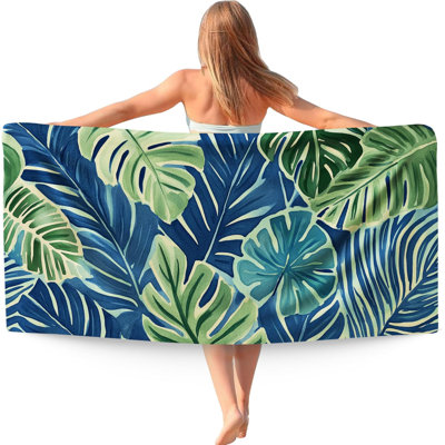 Serviette de plage Tropical Monstera Leaf, serviettes de plage à motif floral de palmier surdimensionné pour femme, cadeau de voyage bleu et vert à séchage rapide sans sable pour salle de bain piscine 80 x 60 po