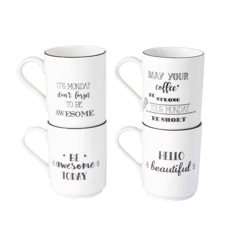 Be Happy White Ceramic 4-Piece Mug Set