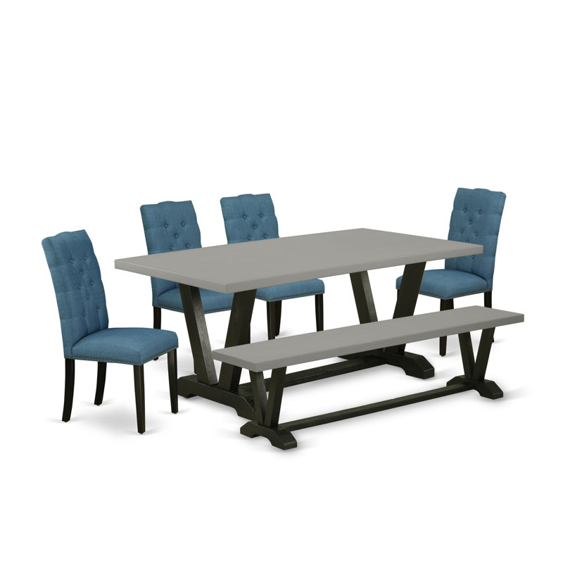L'ensemble de table de cuisine 6 pièces comprend une table de salle à manger rectangulaire avec des pieds en V et 4 chaises Parson en tissu de lin bleu avec un banc, une finition de dossier brossée