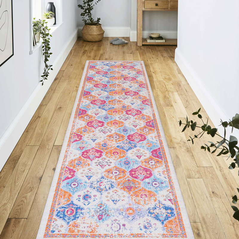 Area Rug 2'6''X10' Cream Washable, Low-Pile Non-Slip For Living Room, Bedroom, Kitchen, Dining Room Washable Rug, Tear