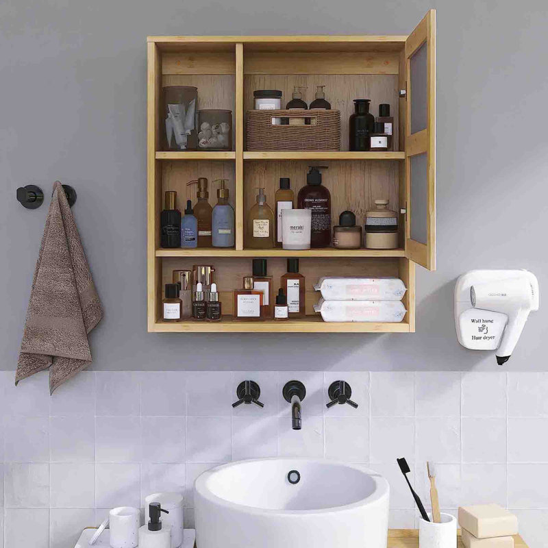 555mm W 613mm H Wall Mounted Required Framed Medicine Cabinet With Mirror And Adjustable Shelf, Natural