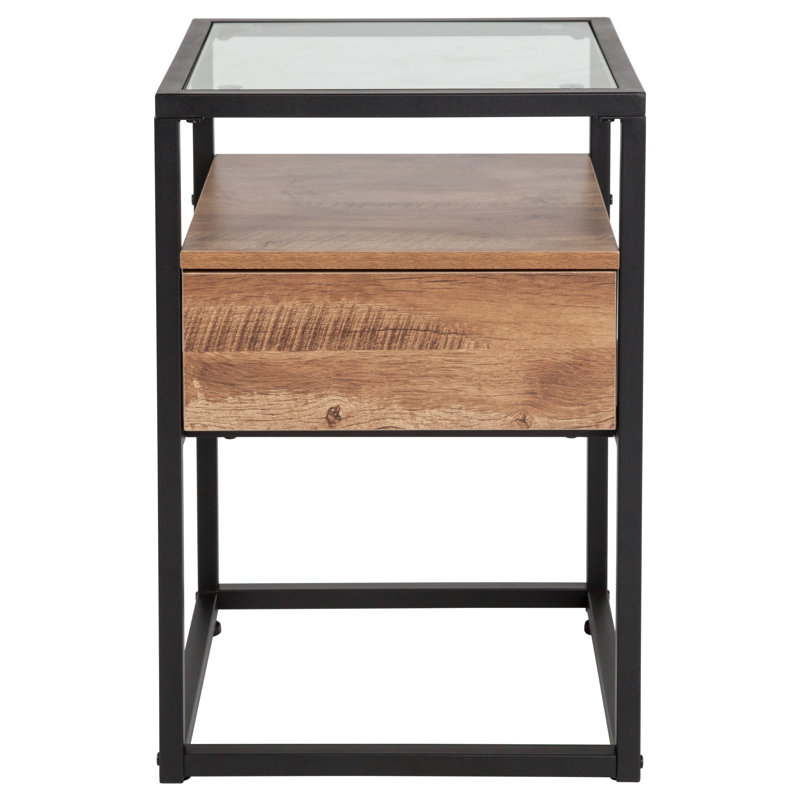 Riaan Glass End Table with Drawer and Shelf in Rustic Wood Grain Finish