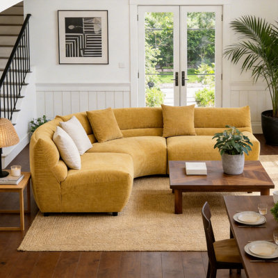 Modern Yellow Curved Sectional Sofa, Upholstered Fabric Modular Couch with Deep Seats & Plush Cushions, 5-Seater Corner Sofa with Chaise Lounge for Living Room Apartment