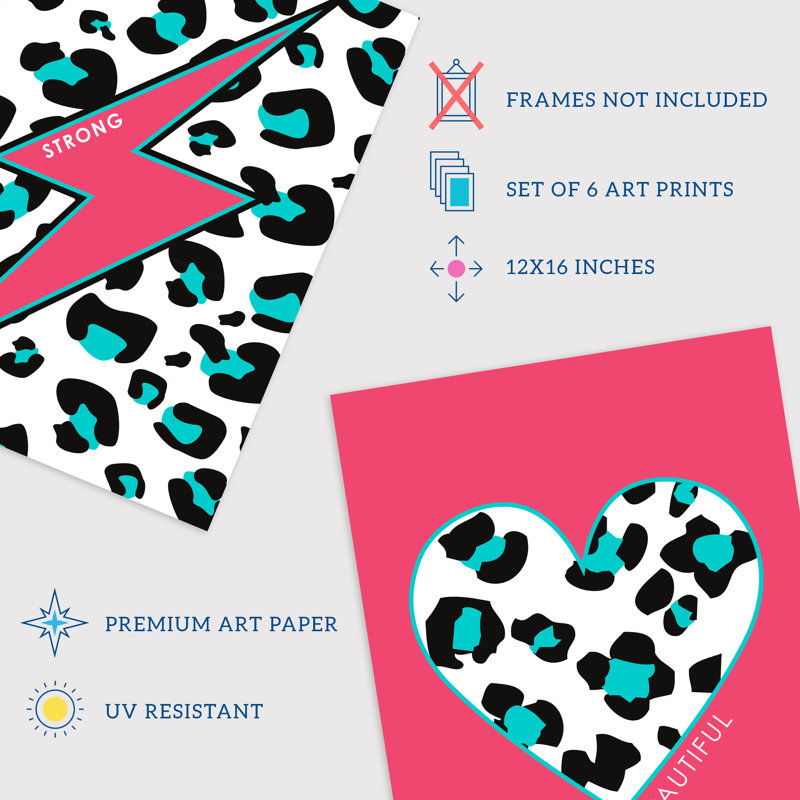 Leopard Pattern Bold Shapes Beautiful Bright Strong - 6 Piece No Frame Print Set, Multicoloured Pink