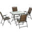 Table de salle à manger et chaises brun foncé, pliable et pliable compatible avec parasol, 5 trous, table en verre trempé