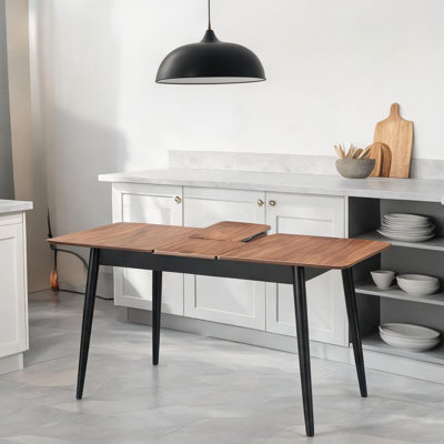 Table de salle à manger rectangulaire à rallonge avec rallonge papillon et pieds tournés, fini noir naturel clair, bois d'hévéa massif, 4 à 10 places assises