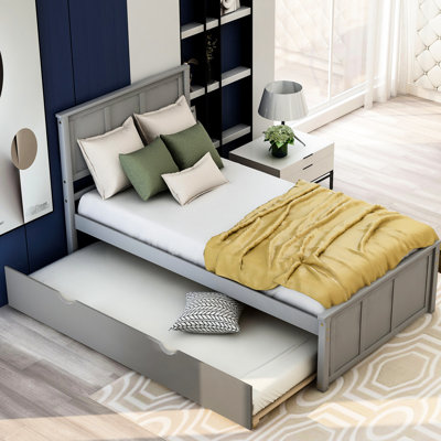 Lit plateforme gris avec lit gigogne amovible et structure en bois massif