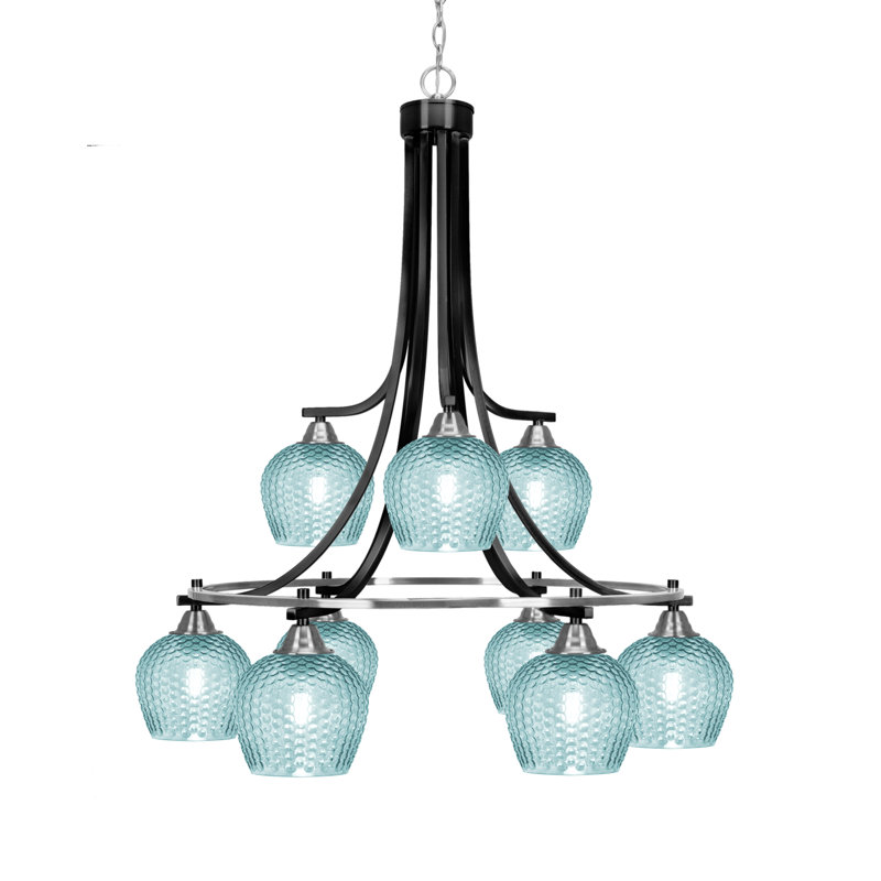 Lustre en cristal 6 lumières à finition nickel brossé 6 lumières Mukkesh, Sarcelle, Nickel brossé