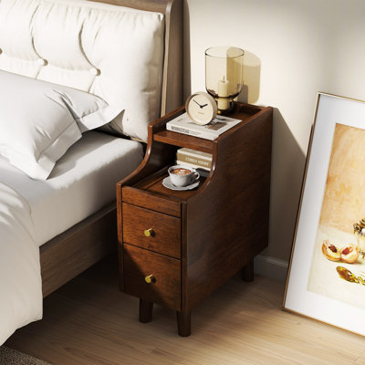 Solid Wood End Table w/ Pull-out Tray & 2 Storage Drawers Cable Management