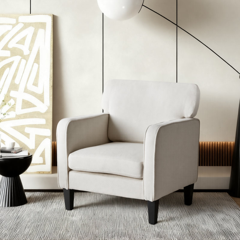 Modern Upholstered Arm Accent Chair, Living Room Single Sofa, Comfortable Ergonomic Reading Chair, White, 1
