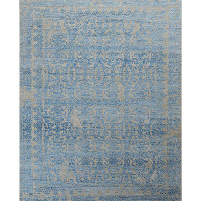 Tapis argenté et bleu clair noué à la main de haute qualité
