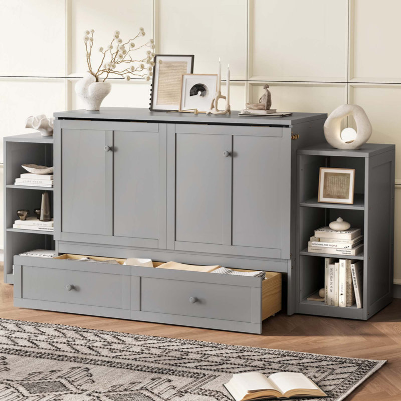 Lit escamotable peu encombrant avec rangement et armoire intégrés, pour un salon compact et des chambres d'amis, Gris clair