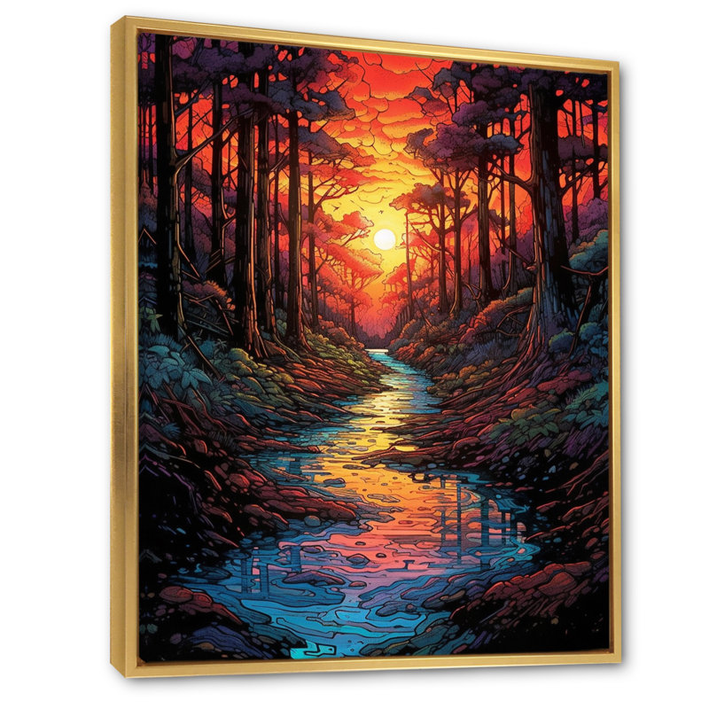 Reproduction d'art sur toile, "Superbe coucher de soleil à travers les arbres de la forêt", Cadre flottant doré