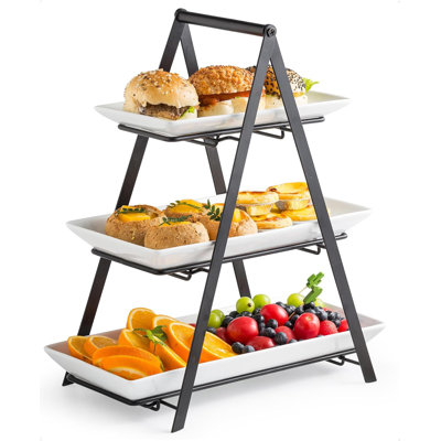 3 plateaux de service à 3 niveaux, plateaux de service en céramique et plateaux avec support en métal, grands plateaux de service 10 + 12 + 14 pouces pour présentoir à dessert 3 niveaux, noir