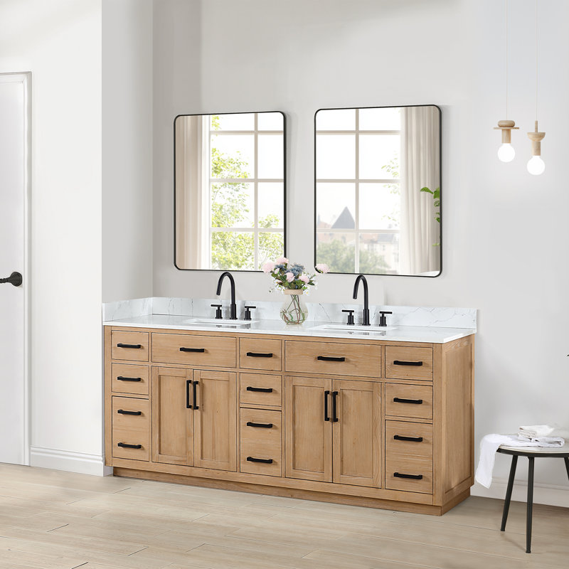 Gavino 84" W Double Bathroom Vanity Set with Mirror, Light Brown
