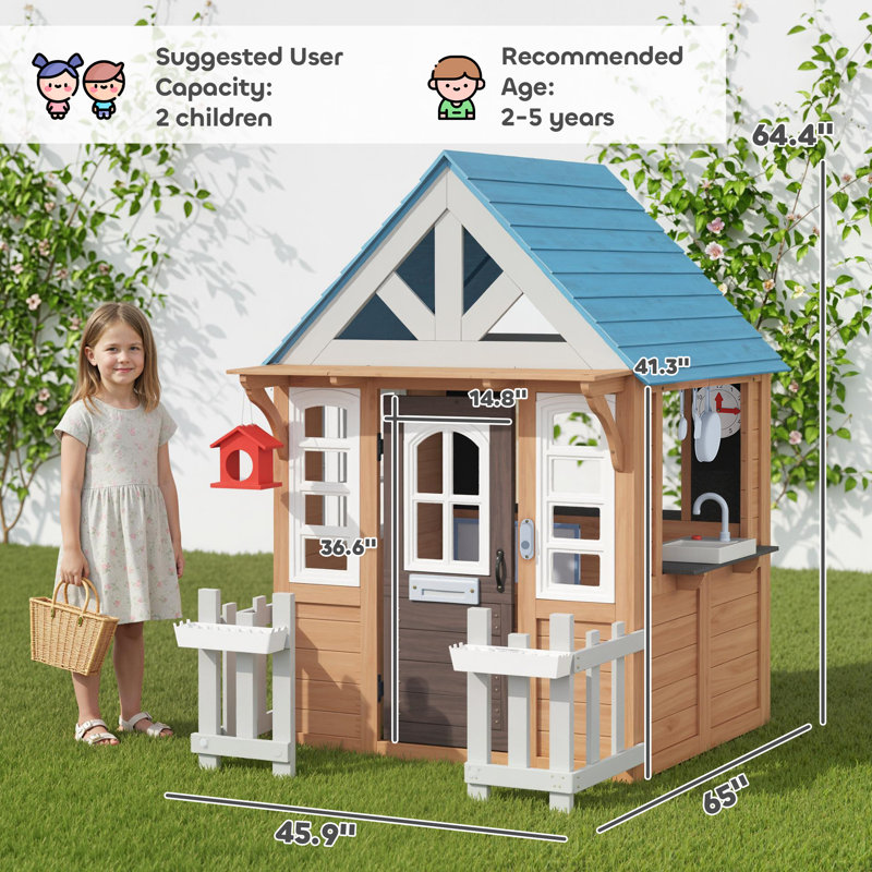 Outdoor Playhouse with Pet Door, Wooden Kids Playhouse with Play Kitchen, Mailbox, Doorbell, Birdhouse, Fence and Windows for Garden, Backyard, Indoor Playroom Pretend Play, Ages 2-5, Brown