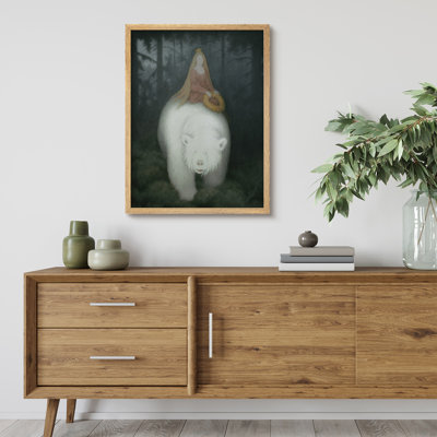 Framed Girl on Bear in Forest Wall Art, Whimsical Fantasy Painting for Nordic, Fairytale, or Boho-Inspired Spaces Decor