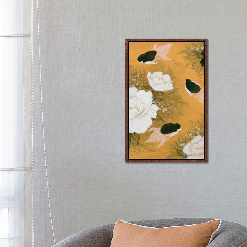 Goldfish Mermaid - Peony and Ballerinas II 1 Piece Painting on Canvas, 66.04 cm H x 45.72 cm W, Classic Brown Wood Framed