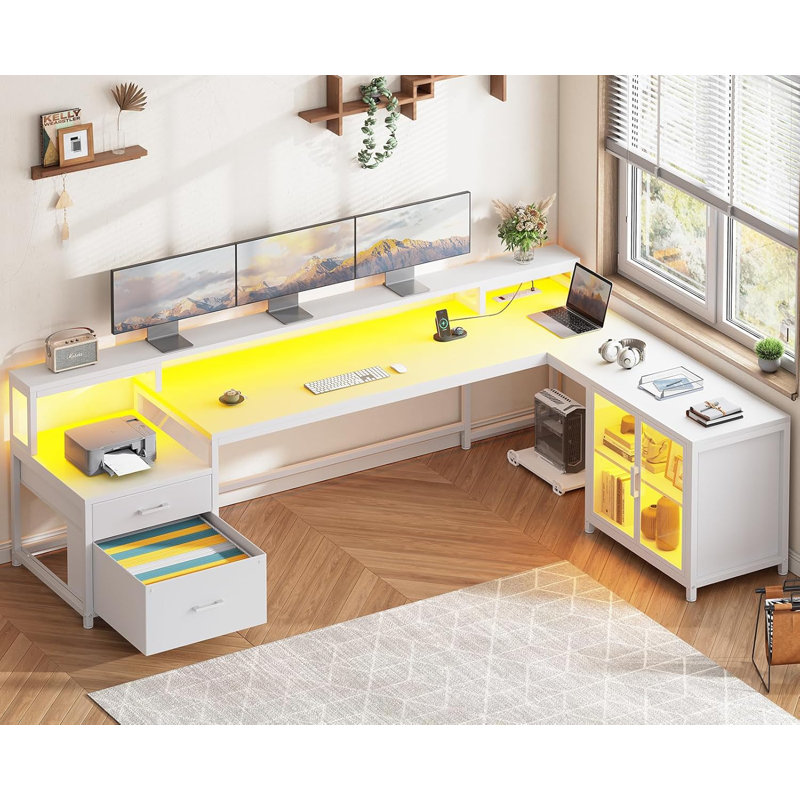 Lelynn L Shaped Desk with Drawers Corner Computer Desk with Power Outlet, White