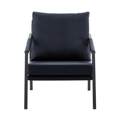 Modern Faux Leather Accent Chair, Upholstered Single Sofa Armchair with Sturdy Black Metal Frame, Industrial Lounge Reading Chair for Living Room Bedroom Office Waiting Room, Black