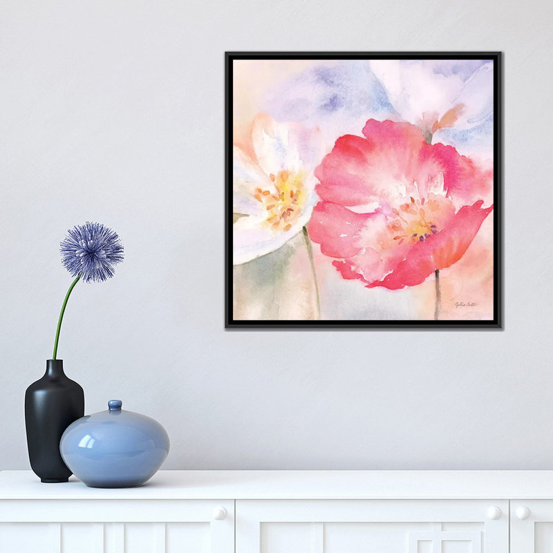 «Watercolor Poppy Meadow Pastel II», reproduction sur toile, H 18 po x l 18 po x P 1,5 po, Toile avec cadre noir