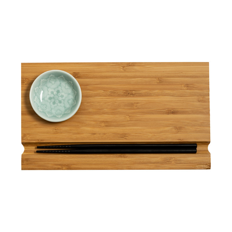 Burnished Bamboo Rectangular Sushi Board Set with Ceramic Dish