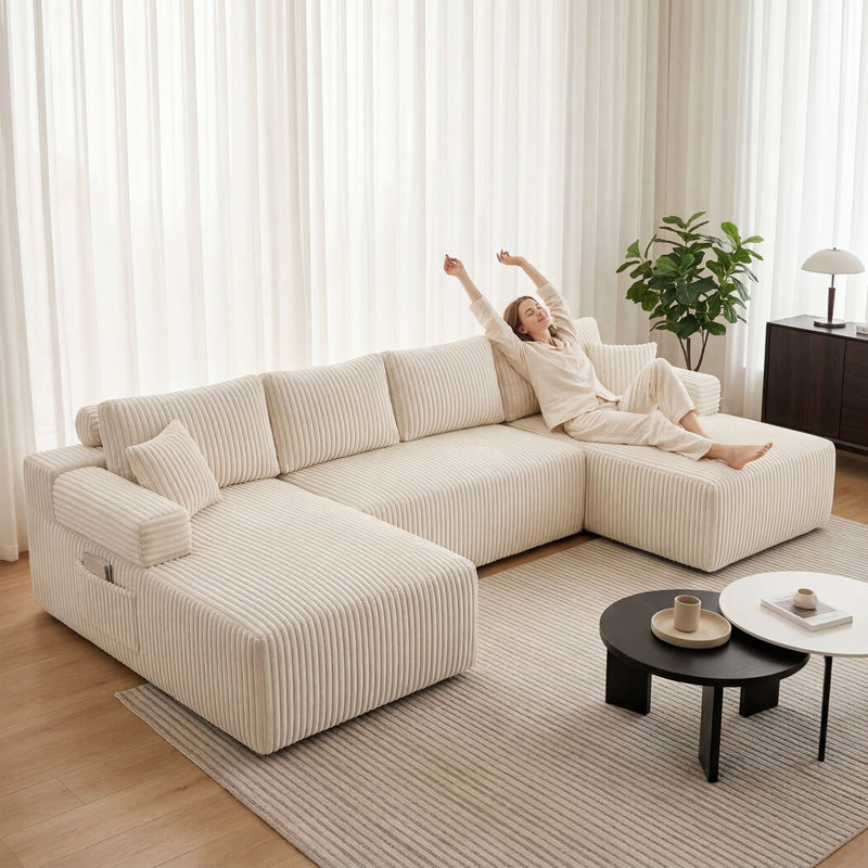 4 Seater Corduroy Sectional, Beige Corduroy