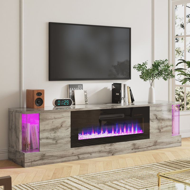 Fireplace Tv Stand With 36" Electric Fireplace, 70" Modern Wood Grain High-gloss Tv Cabinet For Living Room, Led Entertainment Center With Flip-down Doors For Tvs Up To 70"