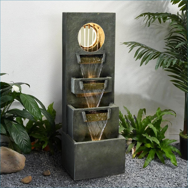 Fountains (Fuente, Cascada, Exterior) | 39.3" Modern 4-Tier Outdoor Waterfall Fountain with Pump &amp; Lights | Resin | Tiered Waterfall Fountain