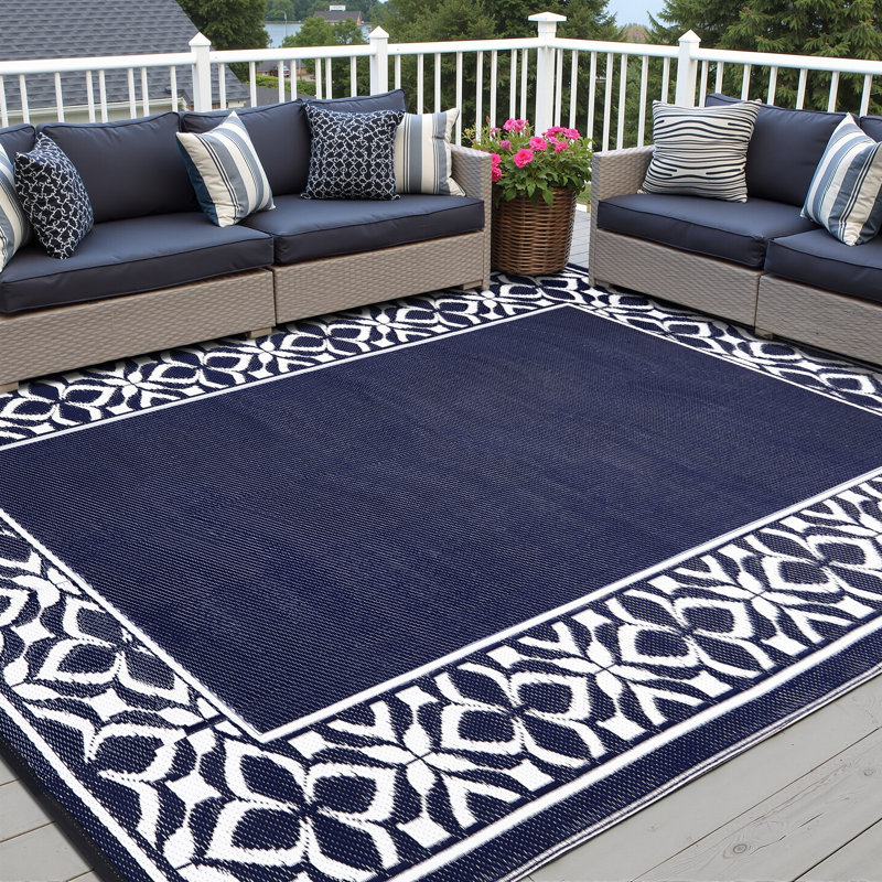 Moroccan Floral Border Blue Outdoor Area Rug, Rectangle 9' x 12'
