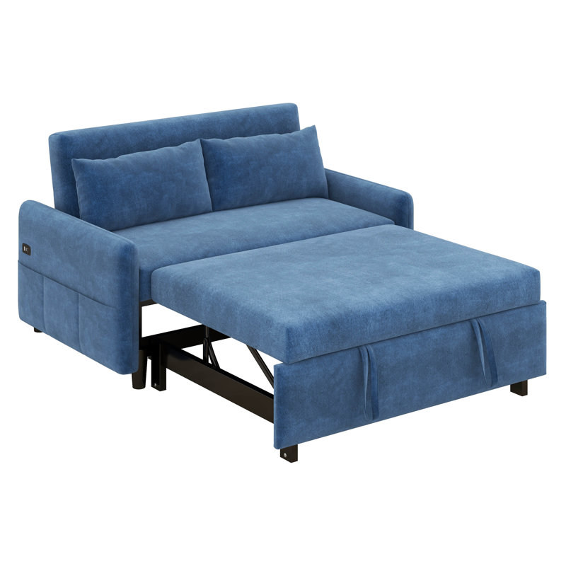 Canapé-lit avec canapé-lit 55,1 po avec dossier ajustable, poches de rangement, 2 coussins moelleux, ports USB, Bleu