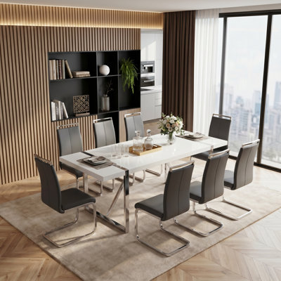 9-Piece Modern Glam Rectangular High-Gloss Wood Dining Set with Faux Leather Cantilever Chairs