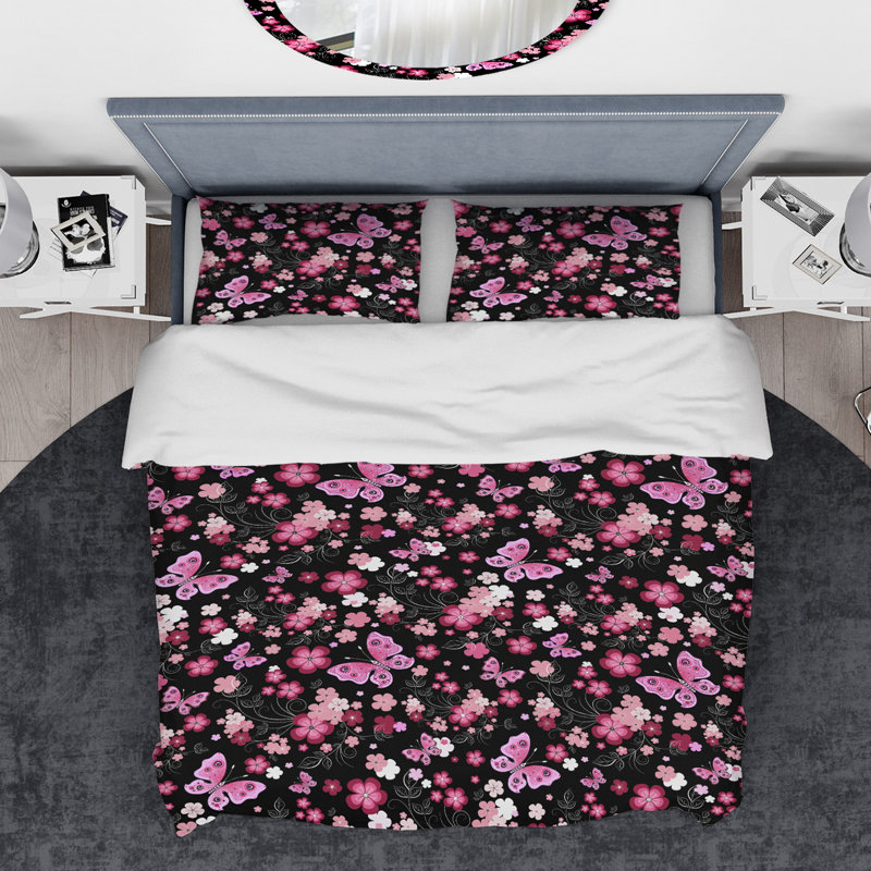 Ensemble de housse de couette papillons et fleurs styliséées designart, Housse de couette très grand + 2 taies décoratives
