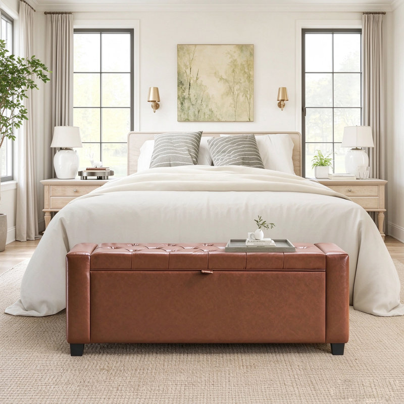 43" Faux Leather Upholstered Storage Bench, Tufted Ottoman Bench For Living Room, Bedroom, Entryway, Brown, Brown