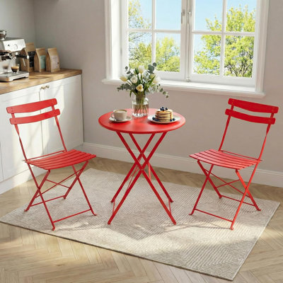 3 Piece Foldable Patio Bistro Set, Outdoor/Indoor Metal Table and Chairs Furniture, Compact Square Table with 2 Folding Chairs for Balcony, Porch, Garden, Apartment