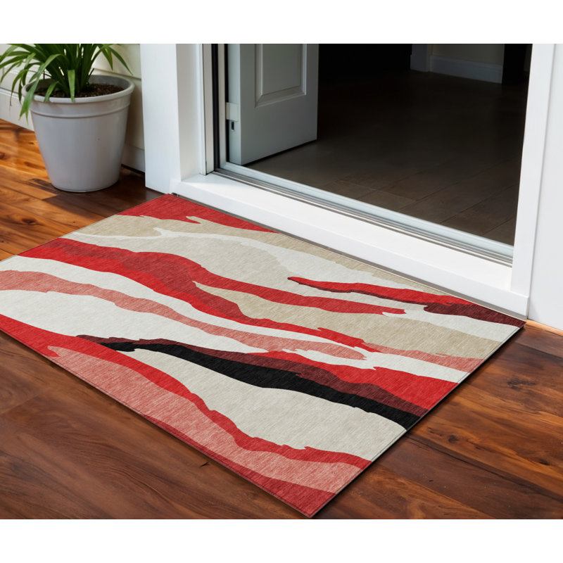 3' X 5' Red Abstract Washable Indoor Outdoor Area Rug