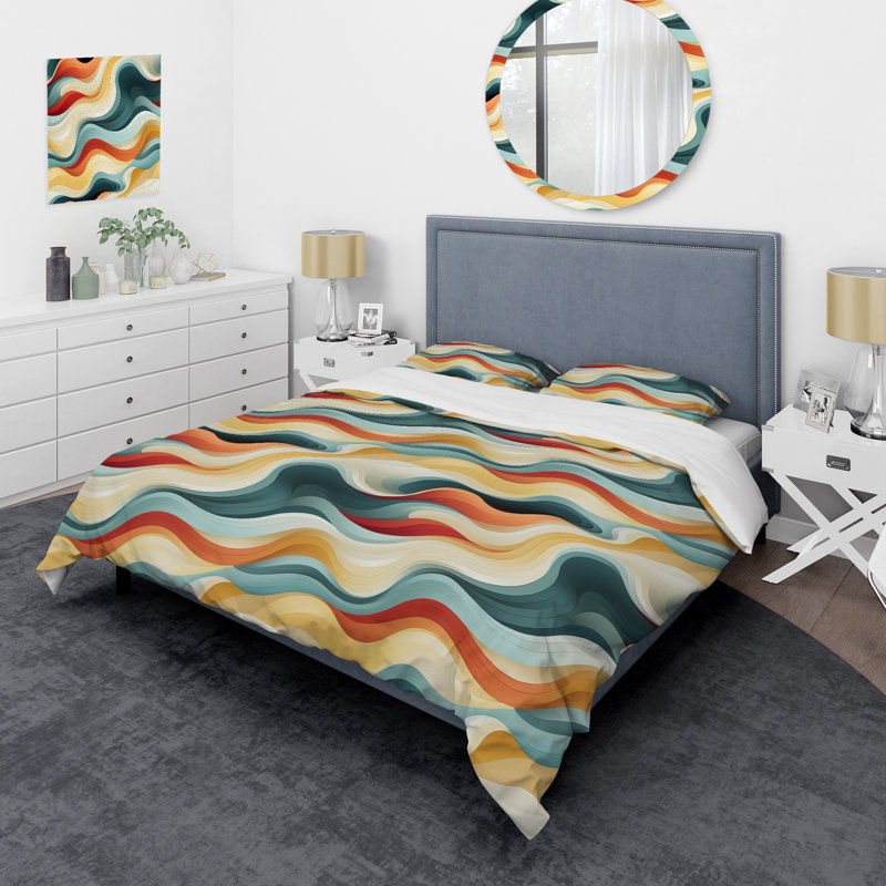 Nostalgic Mod Waves I Abstract Duvet Cover, King Duvet Cover + 2 King Shams