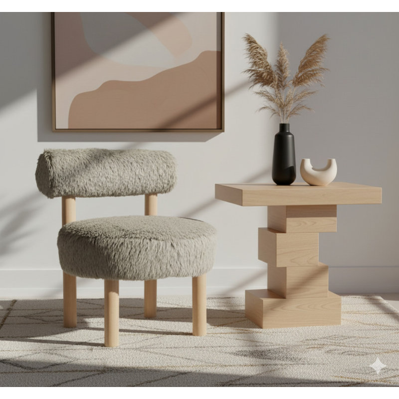 Fauteuil d'appoint rembourré Ambre, Tissu taupe en peau de mouton végétalien, Naturel