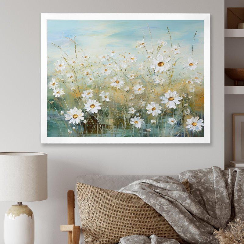 Marguerites au soleil, champ de fleurs I - Art mural champ de fleurs, Cadre simple blanc, H 16 po x l 32 po x P 0,5 po