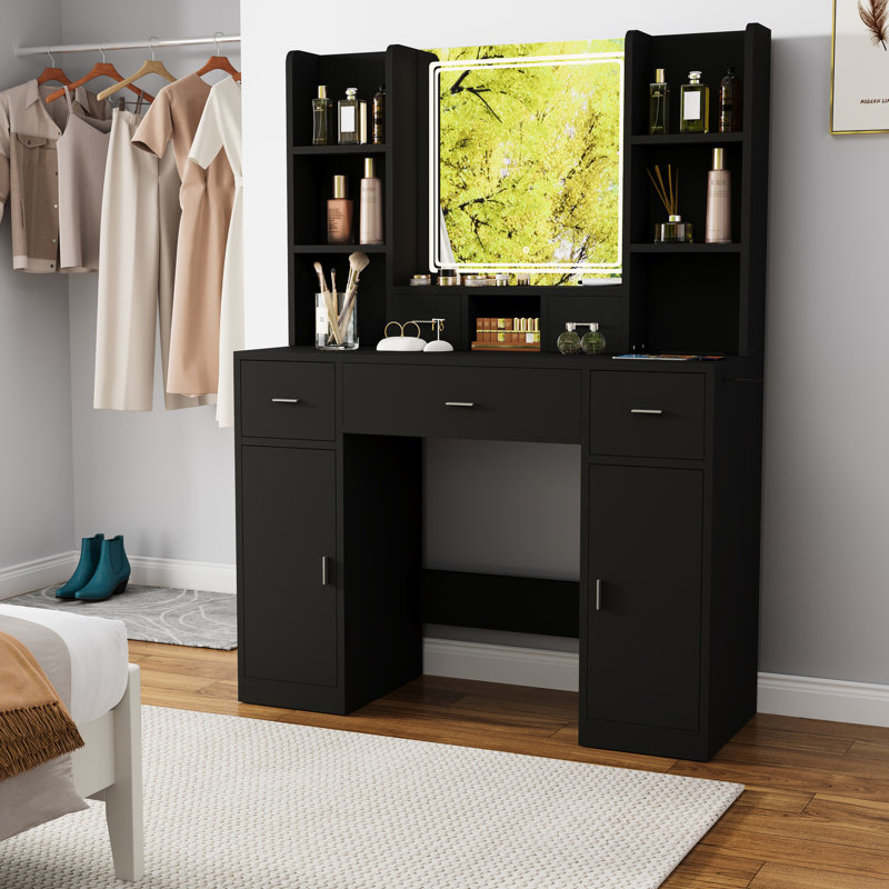 Coiffeuse noire avec 5 tiroirs et tablettes pour une conception élégante, Noir