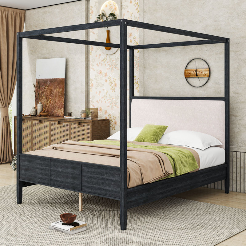 Canopy Bed with Upholstered Headboard, Black, Queen