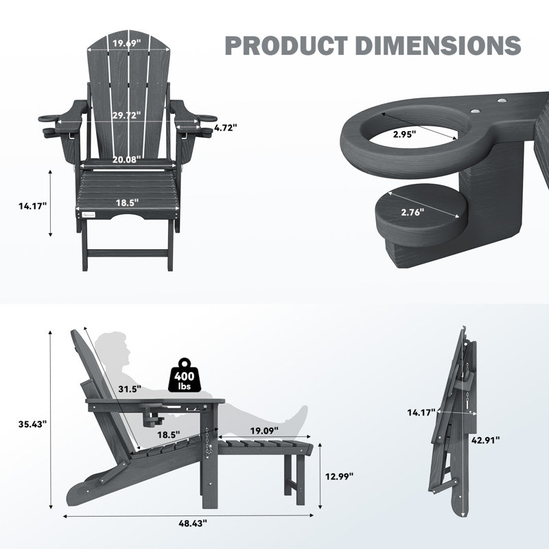 3-Level Adjustable Adirondack Chair with Retractable Ottoman and 2 Cup Holders, Folding All-Weather Outdoor Fire Pit Chair for Deck, Patio, Garden, and Backyard Use, Gray