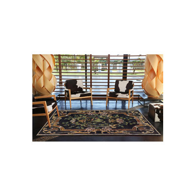Tapis décoratif noir à motif floral de lierre et d'oiseaux