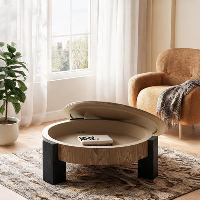 Table basse ronde avec rangement rabattable, plateau en placage de bois Wabi-Sabi, bois naturel et noir mat, 33 pouces