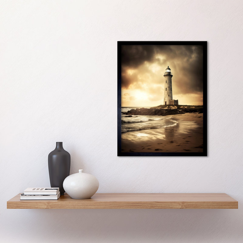 Houk Atmospheric Lighthouse Beach Sepia Atmospheric Sunset - Single Picture Frame Print